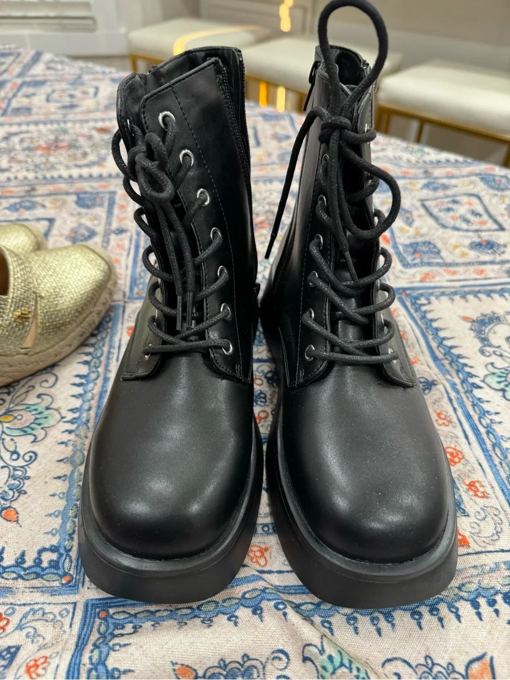 Steve Madden Black Lace-Up Platform Combat Boots with Side Zip